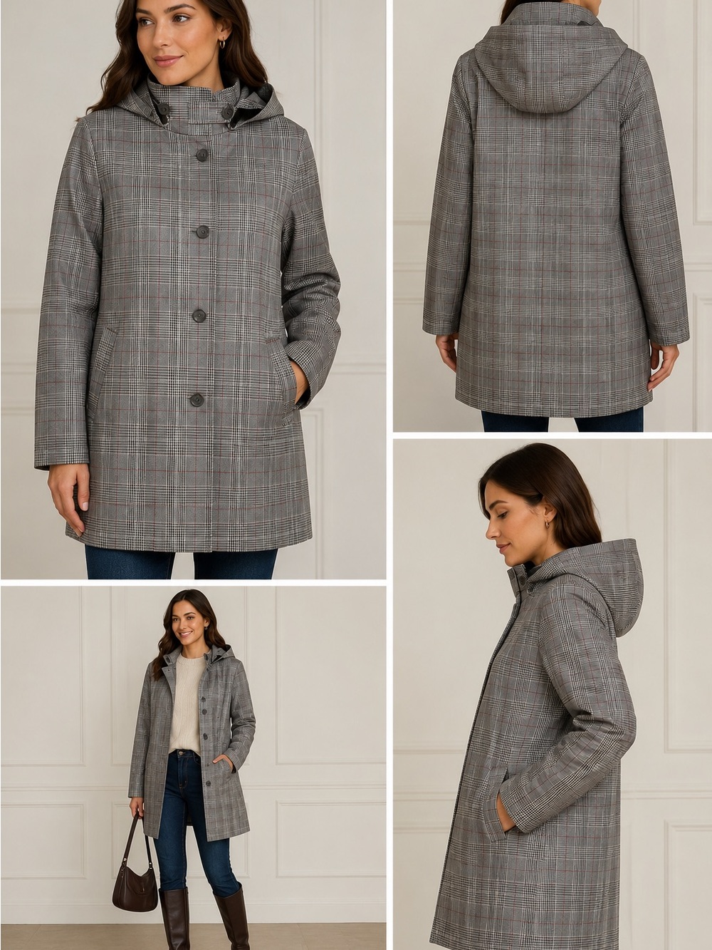 Lauren Ralph Lauren Grey Plaid Hooded Rain Shell Trench Coat XL - Picture 13 of 13